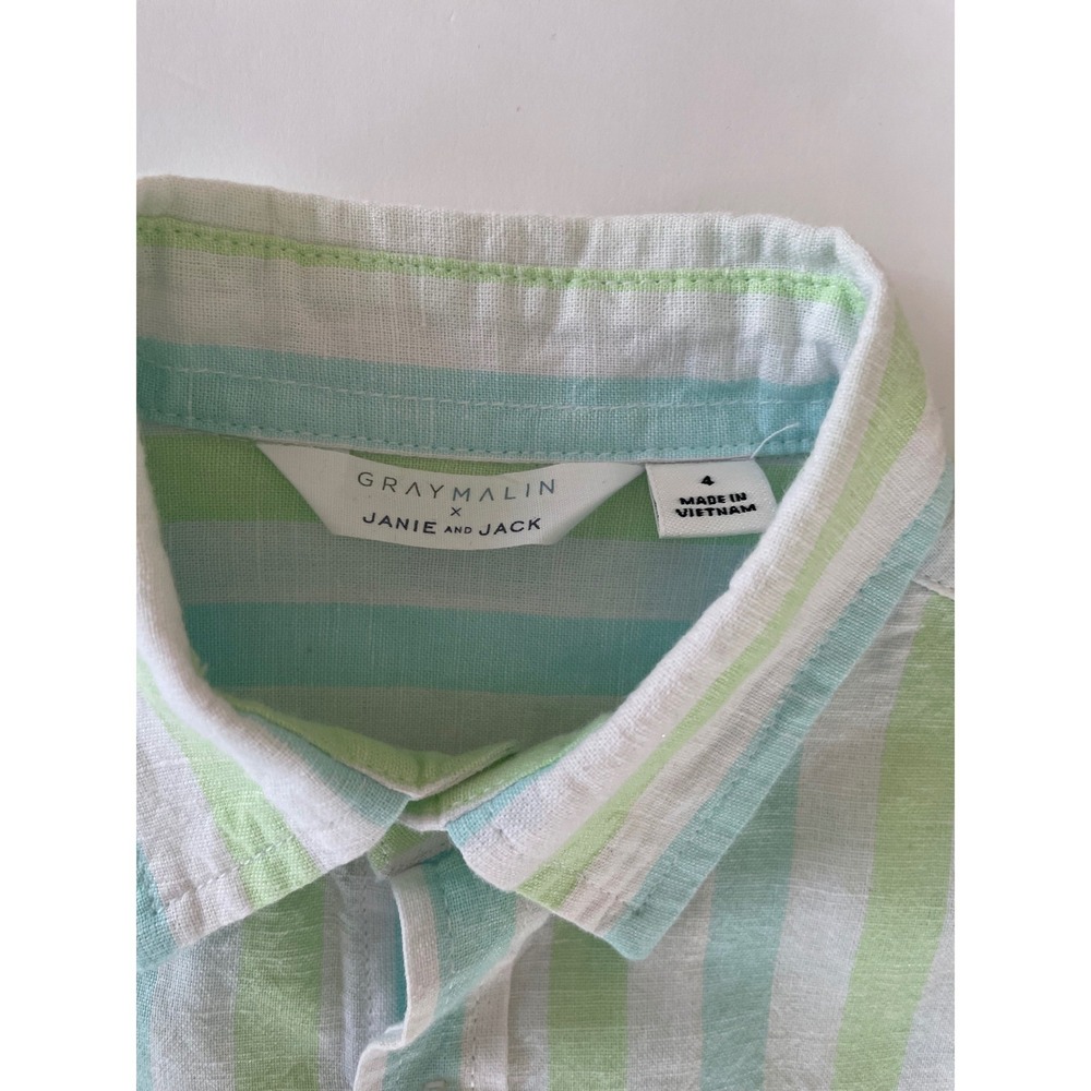Janie and Jack x Gray Malin Boys Striped Linen Cotton Shirt Green Blue Size 4 - Picture 10 of 12